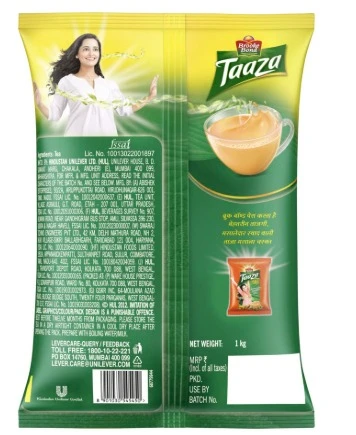 Back view of Brooke Bond Taaza tea 1 kg pack with ingredients, barcode and pack details