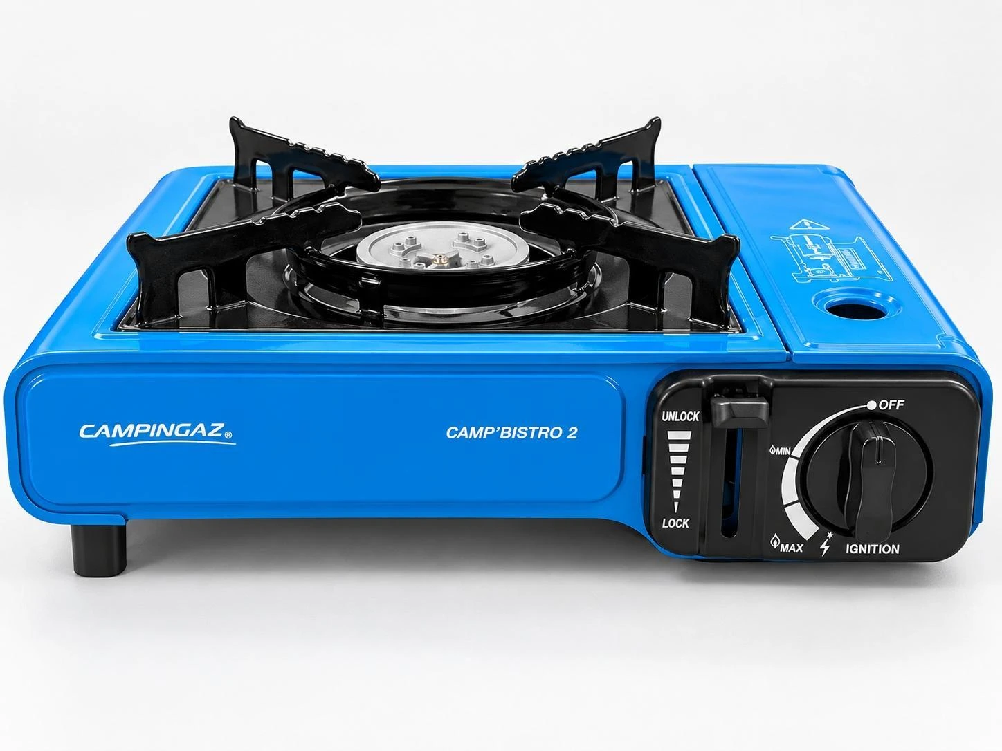 Front angled view showing Camp'Bistro 2 branding, lock slider, and ignition control knob