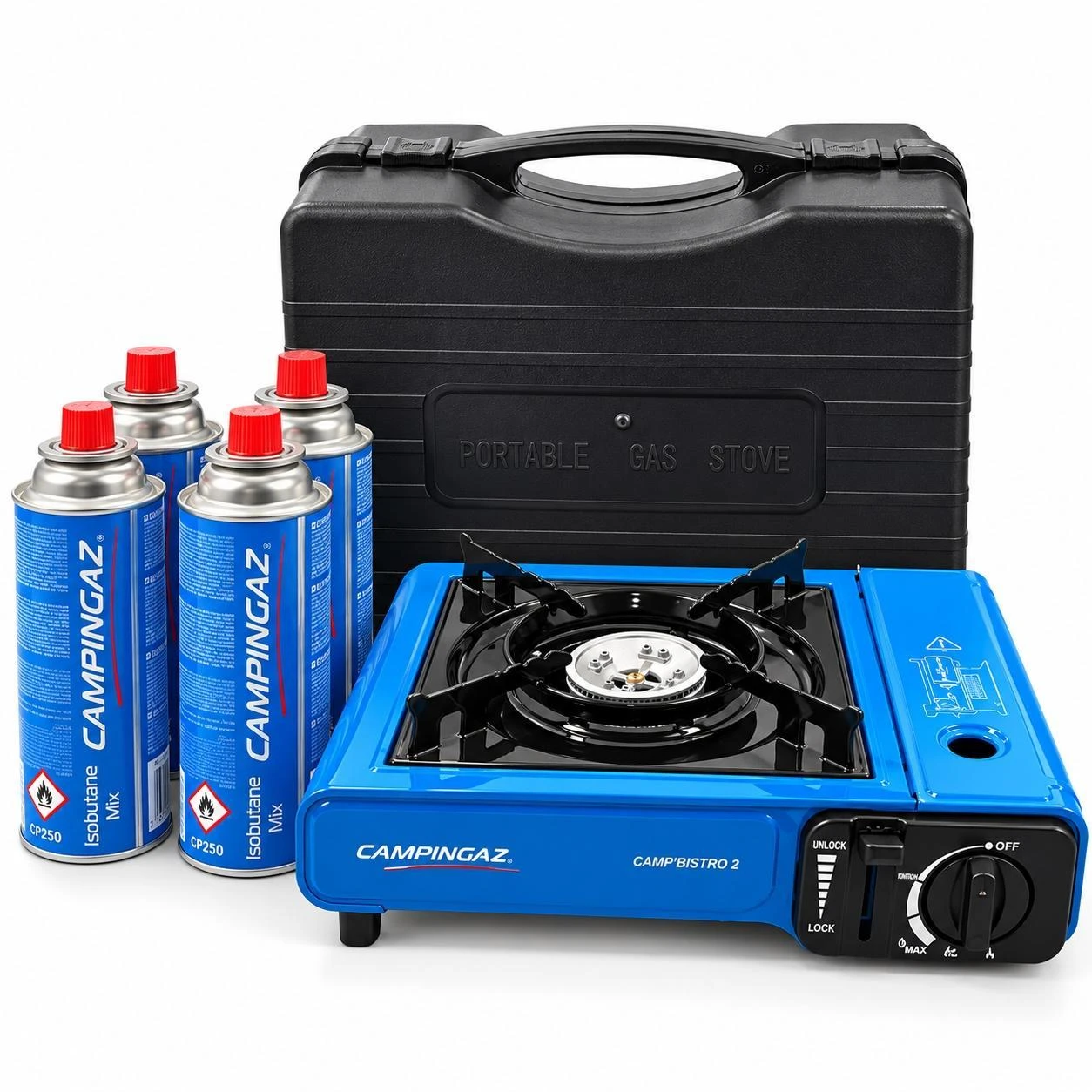 Campingaz Camp'Bistro 2 stove with black carry case and four blue CP250 isobutane canisters