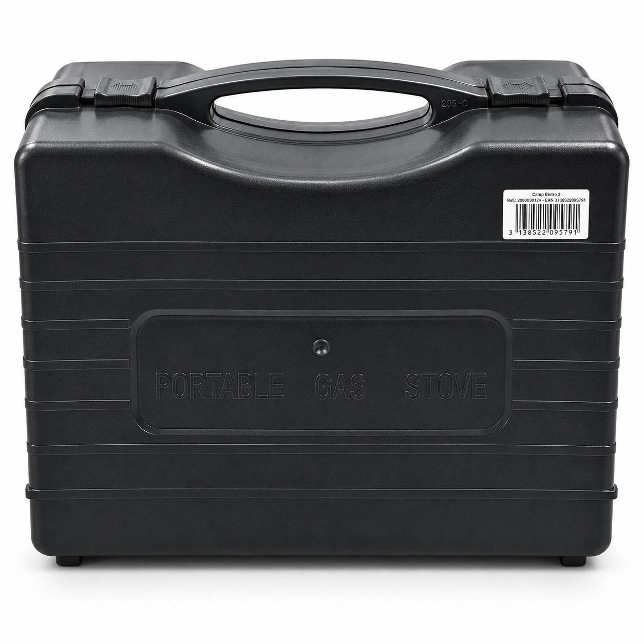 Black hard carry case for portable gas stove, front view with molded handle and embossed Portable Gas Stove panel
