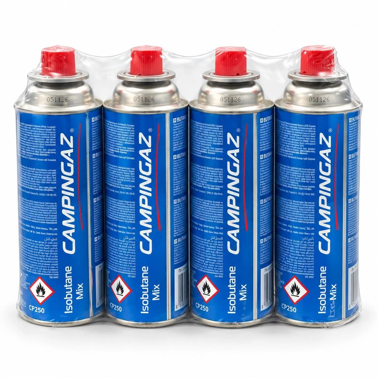 Four Campingaz CP250 isobutane mix gas cartridges in blue cans, shrink-wrapped with red caps