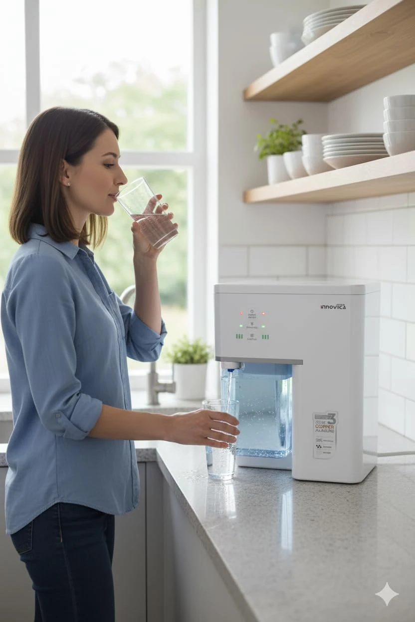 Kitchen lifestyle shot showing the purifier dispensing water into a glass beside a woman drinking