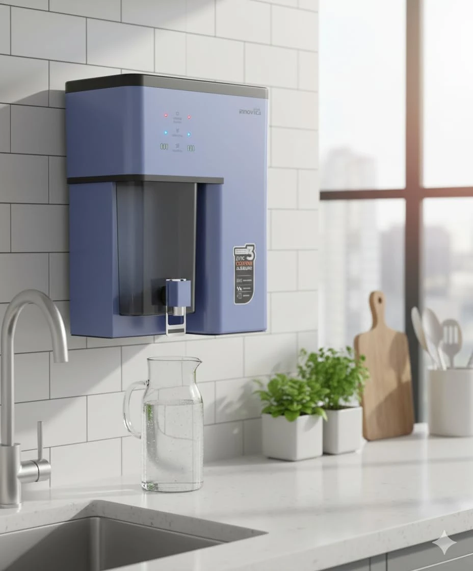 Water purifier mounted above a kitchen sink with a glass pitcher placed below the tap