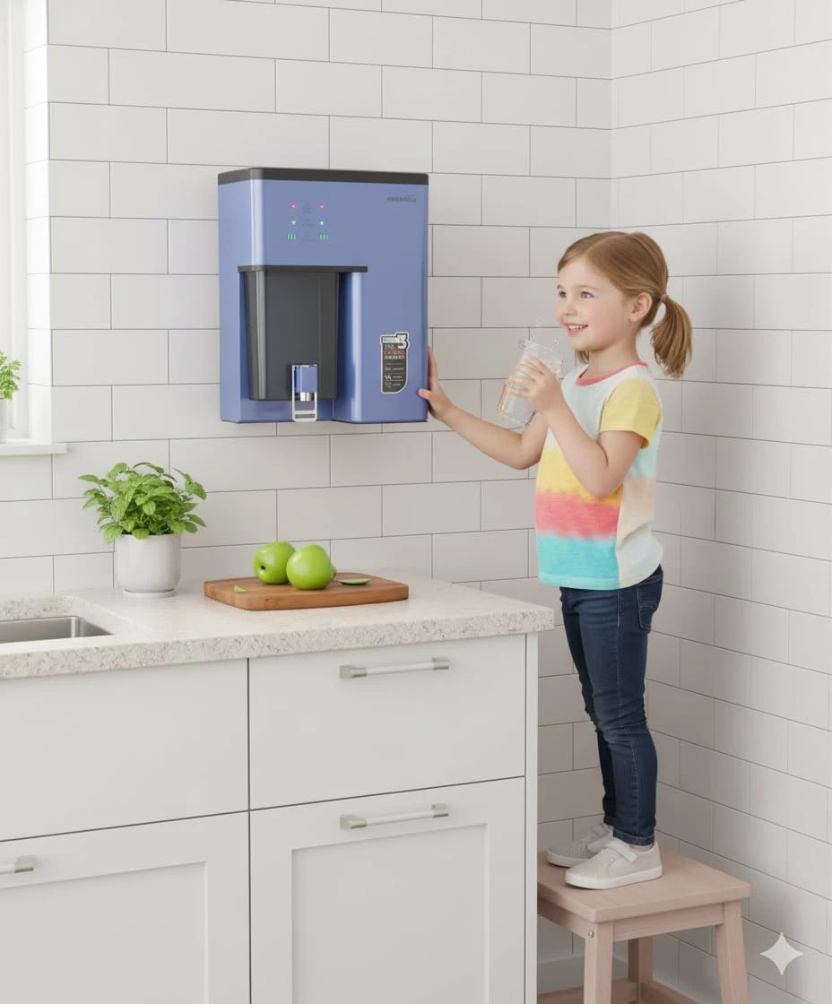 Wall-mounted purifier in a kitchen setting with a child holding a glass beside it