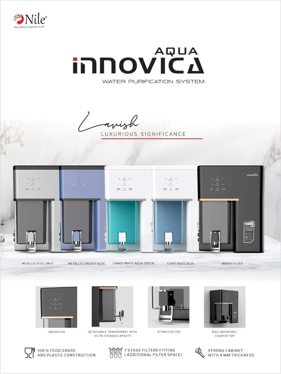 Product infographic showing Aqua Innovica color variants and key purifier features