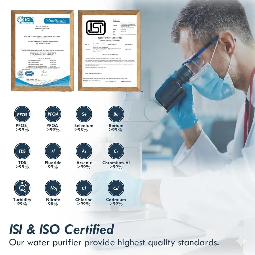 Certification and filtration claims graphic with contaminant reduction icons and lab scene