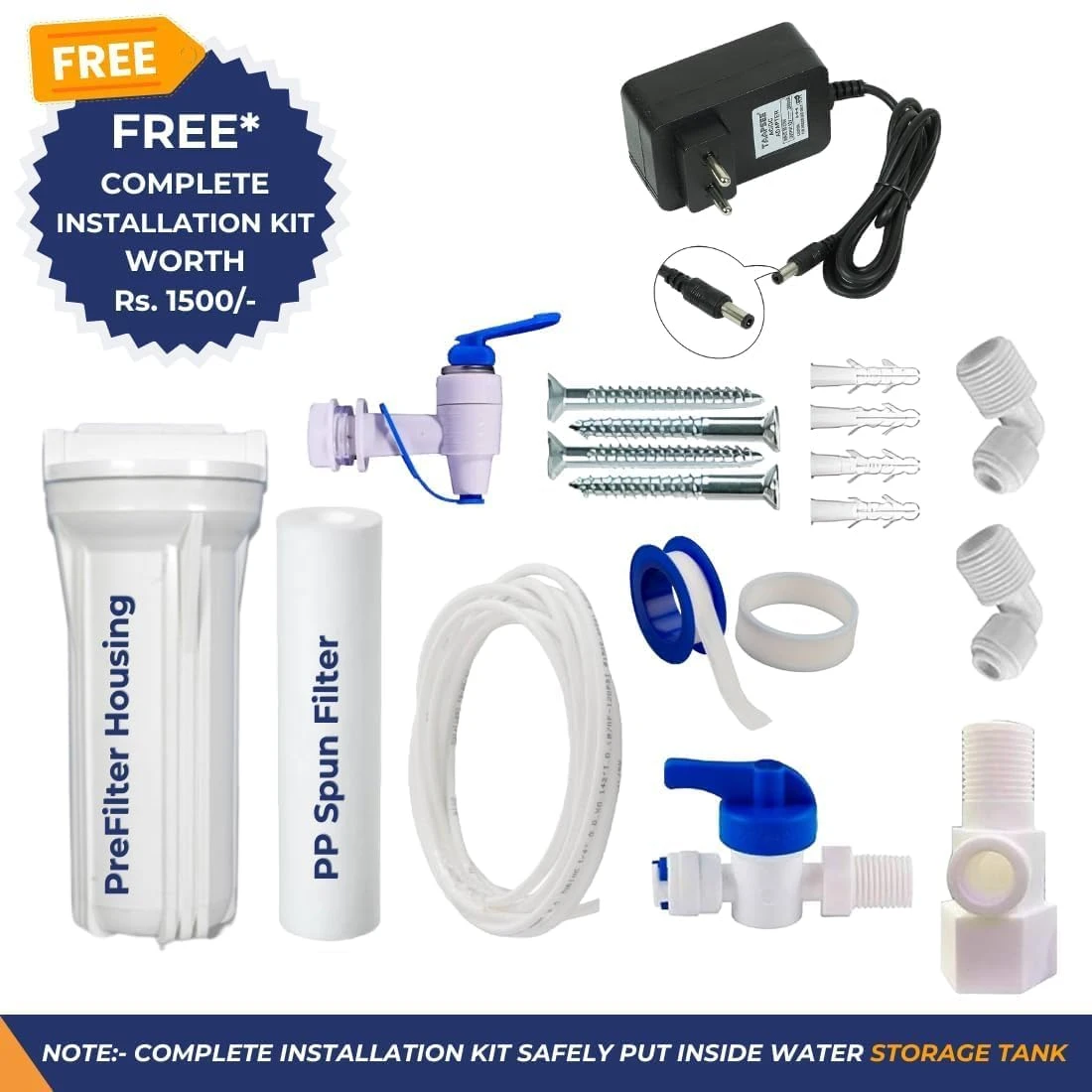 Included installation kit with adapter, tubing, prefilter housing, tap, screws and power adapter