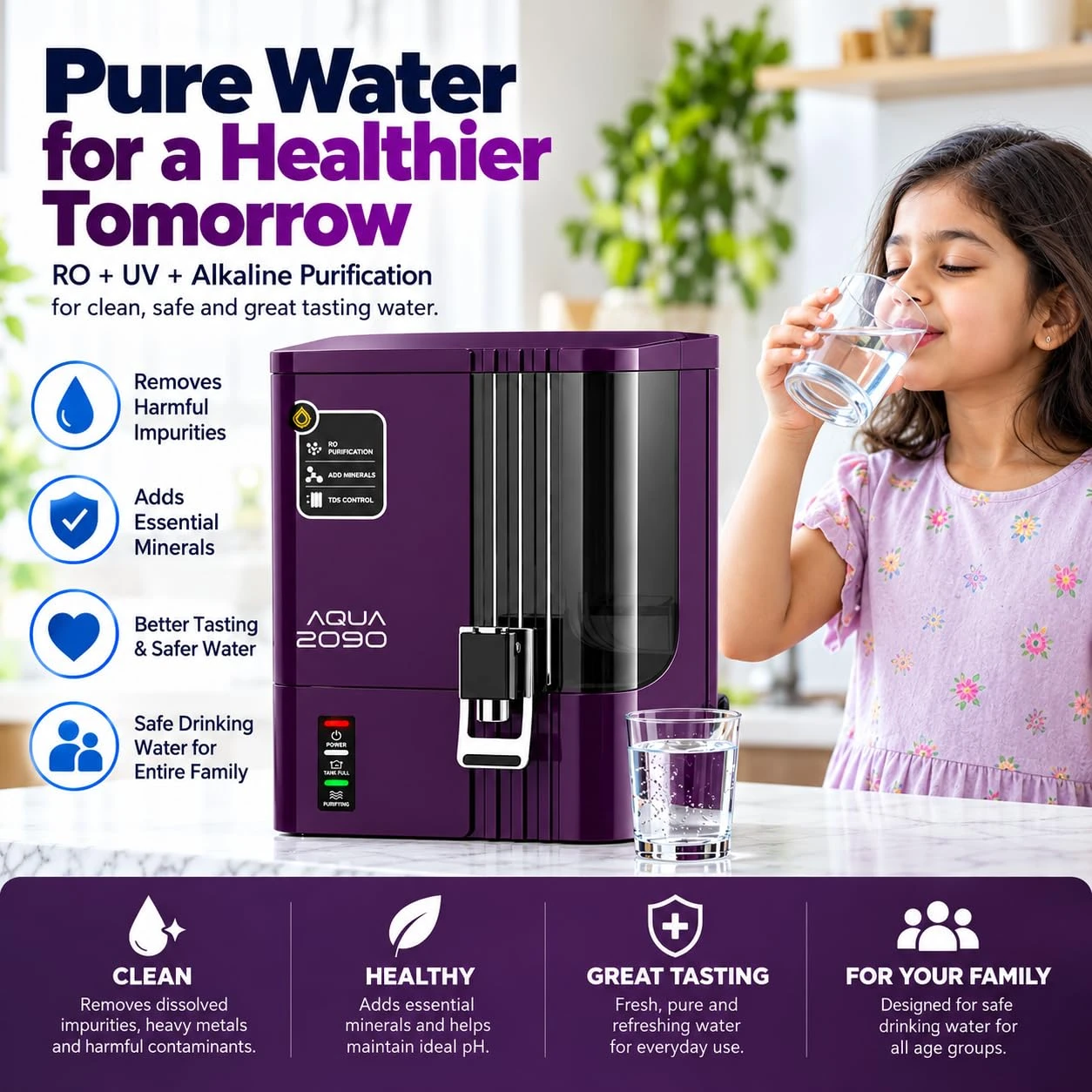 Aqua 2090 purifier on counter beside a child drinking water, with family-safe feature callouts
