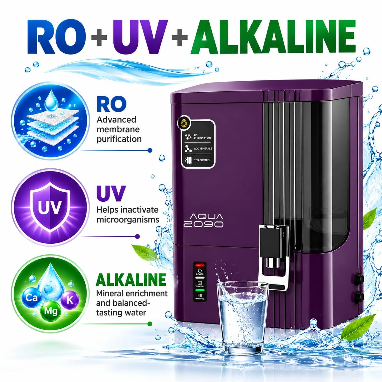 Close promotional graphic for Aqua 2090 showing RO, UV and alkaline mineral enrichment benefits