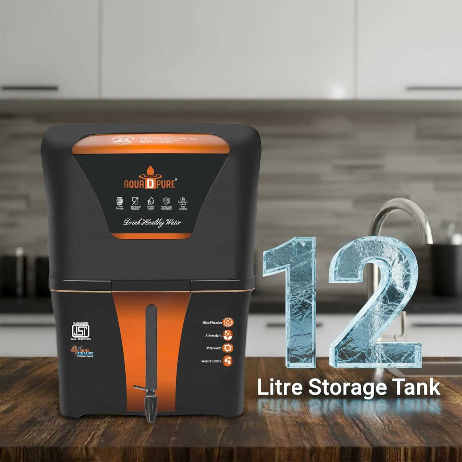 Purifier placed on a kitchen counter with large 12 litre storage tank text beside it