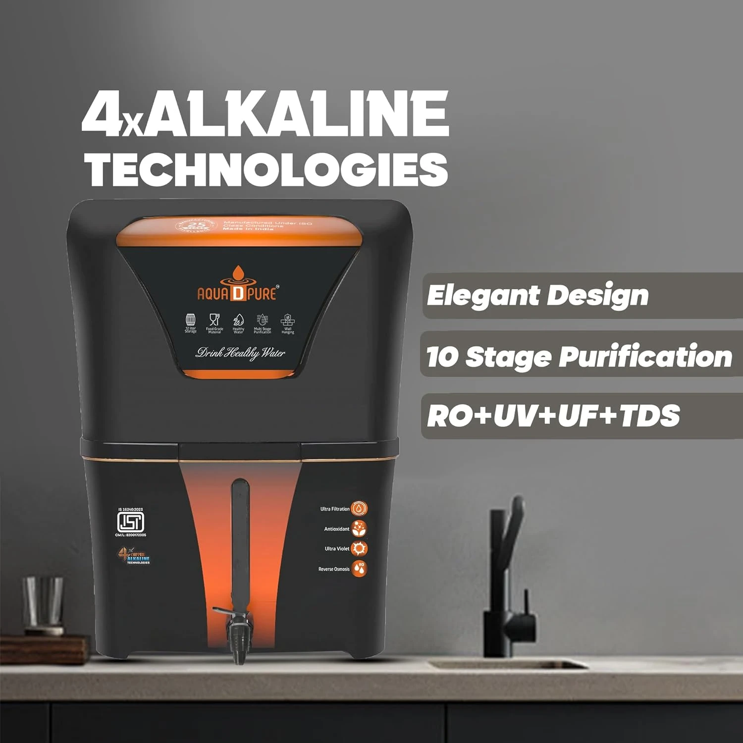 Feature graphic highlighting 4x alkaline technologies and RO+UV+UF+TDS purification