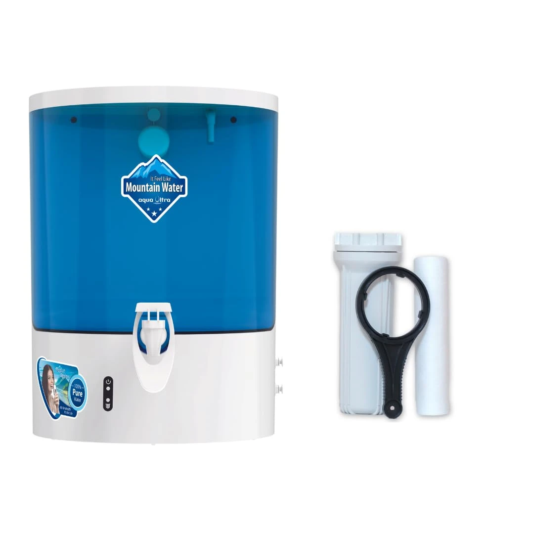 Water purifier shown with pre-filter housing, filter cartridge and black opening spanner beside it