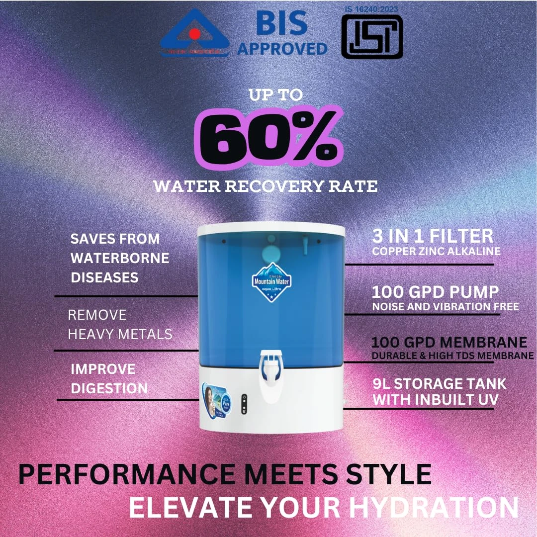 Feature graphic showing BIS approval, 60% water recovery and 3-in-1 filter with 9L UV tank