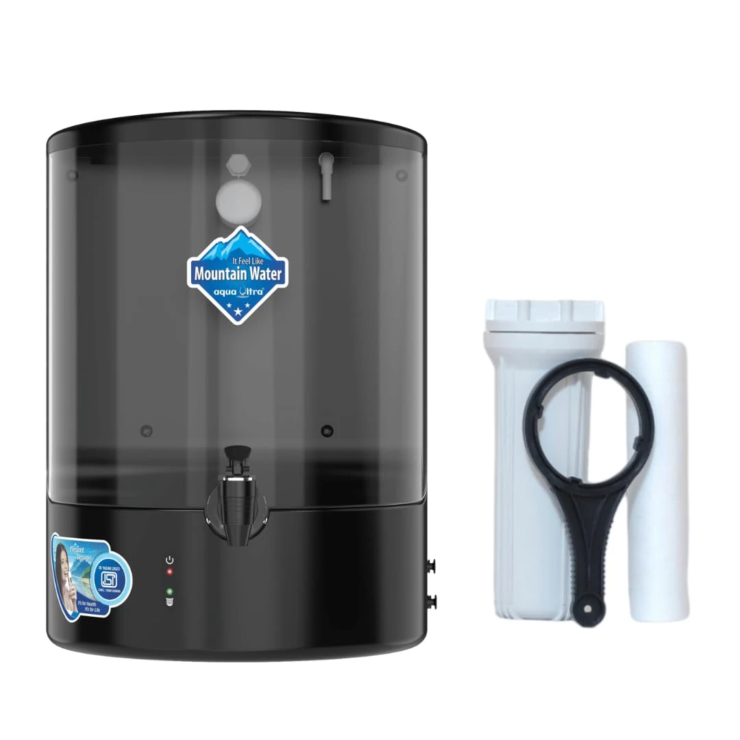 Black variant of the purifier with attached pre-filter set and spanner displayed on white background