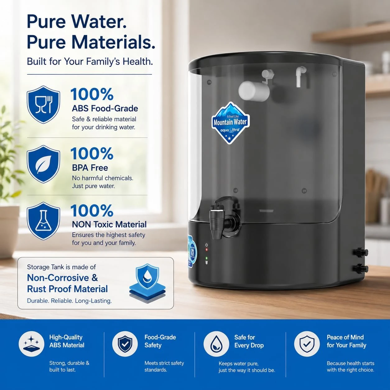 Side-front view of black purifier on countertop with ABS food-grade and BPA-free material highlights