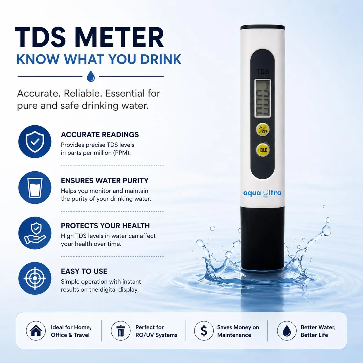 Close view of digital aqua Ultra TDS meter with display screen and yellow control buttons