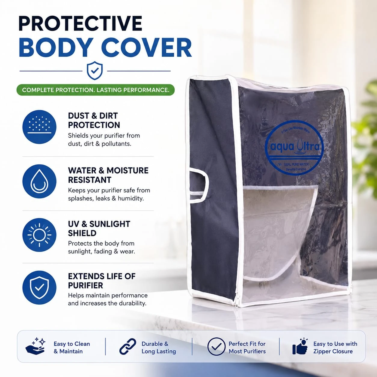 Black and clear zippered purifier body cover with white trim and front transparent viewing panel