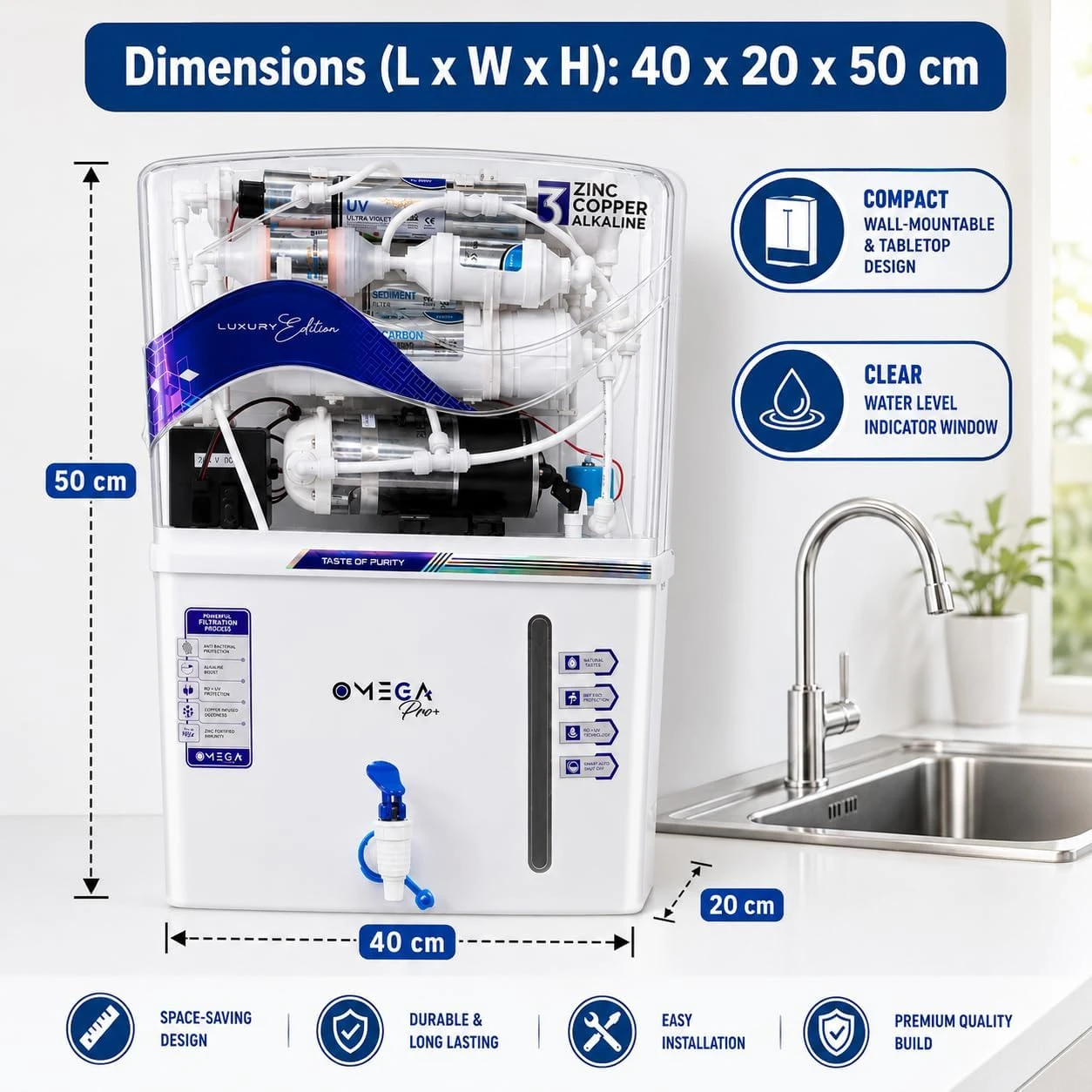 Dimension chart of the purifier showing 40 x 20 x 50 cm with sink-side placement