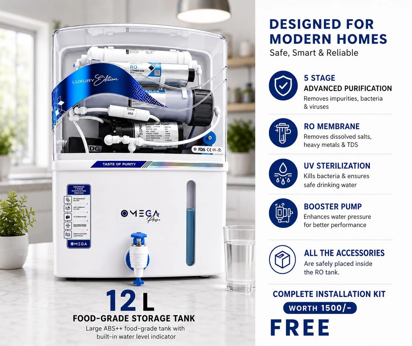 Purifier in a kitchen setting with 12L tank highlight and feature list on the right