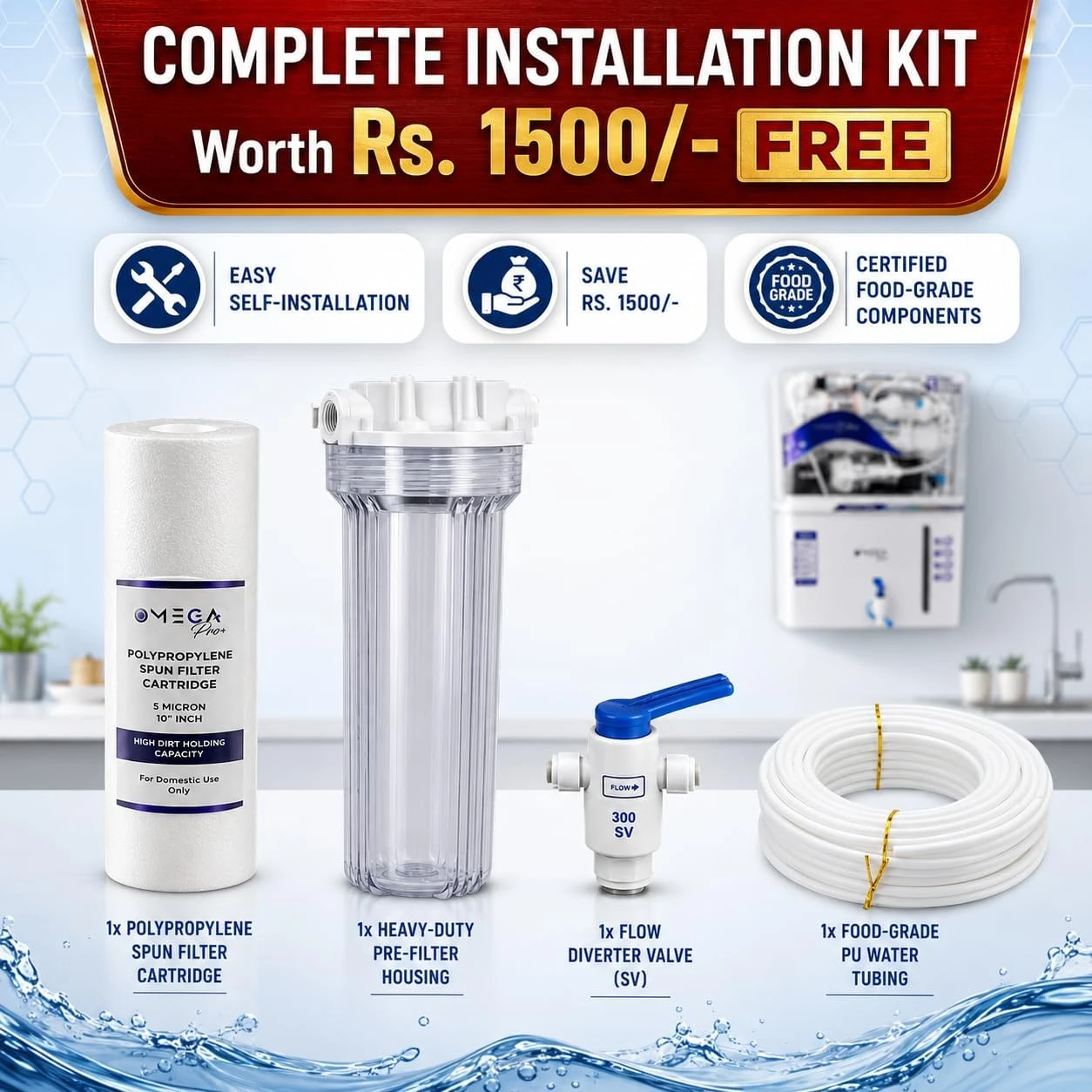 Included installation kit with spun filter cartridge, pre-filter housing, diverter valve and tubing