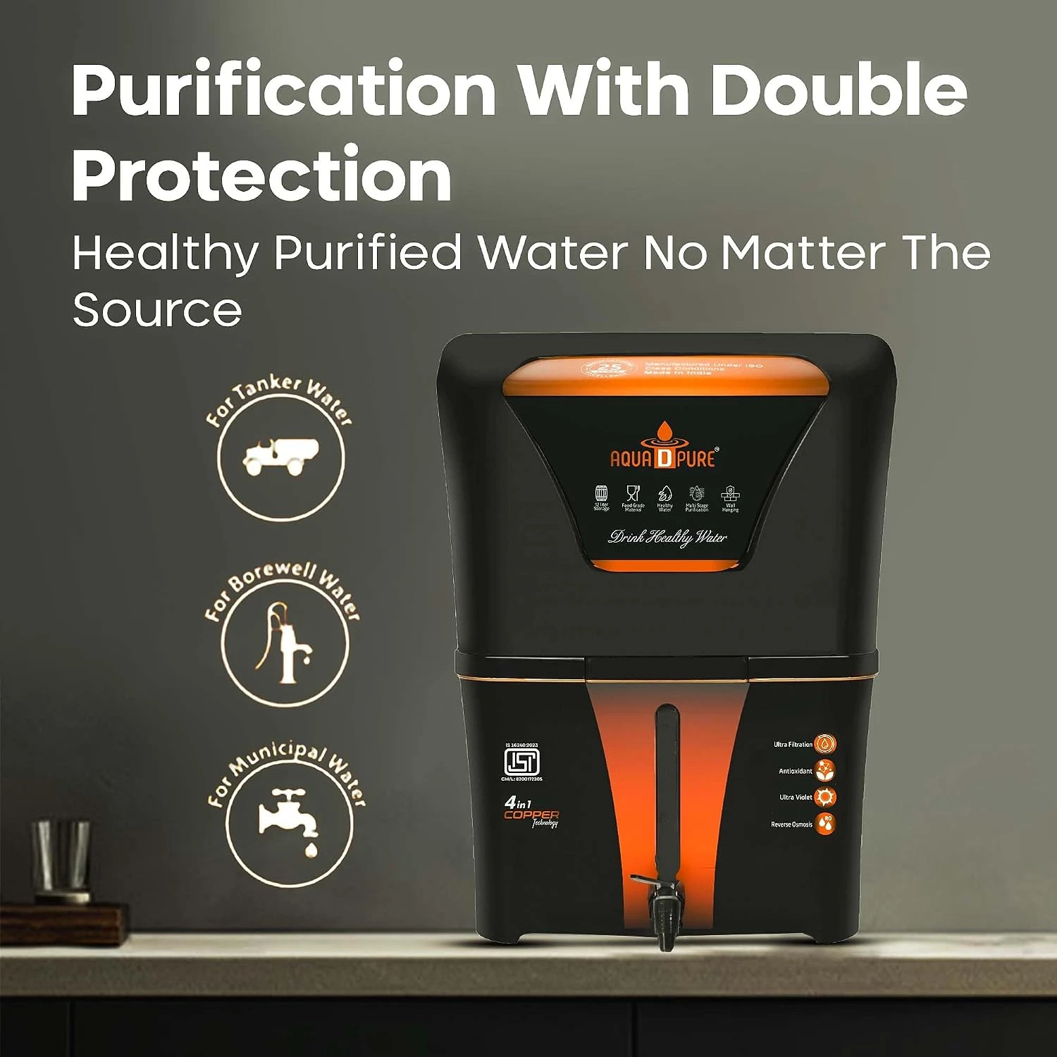 Front product graphic highlighting use with tanker, borewell and municipal water sources