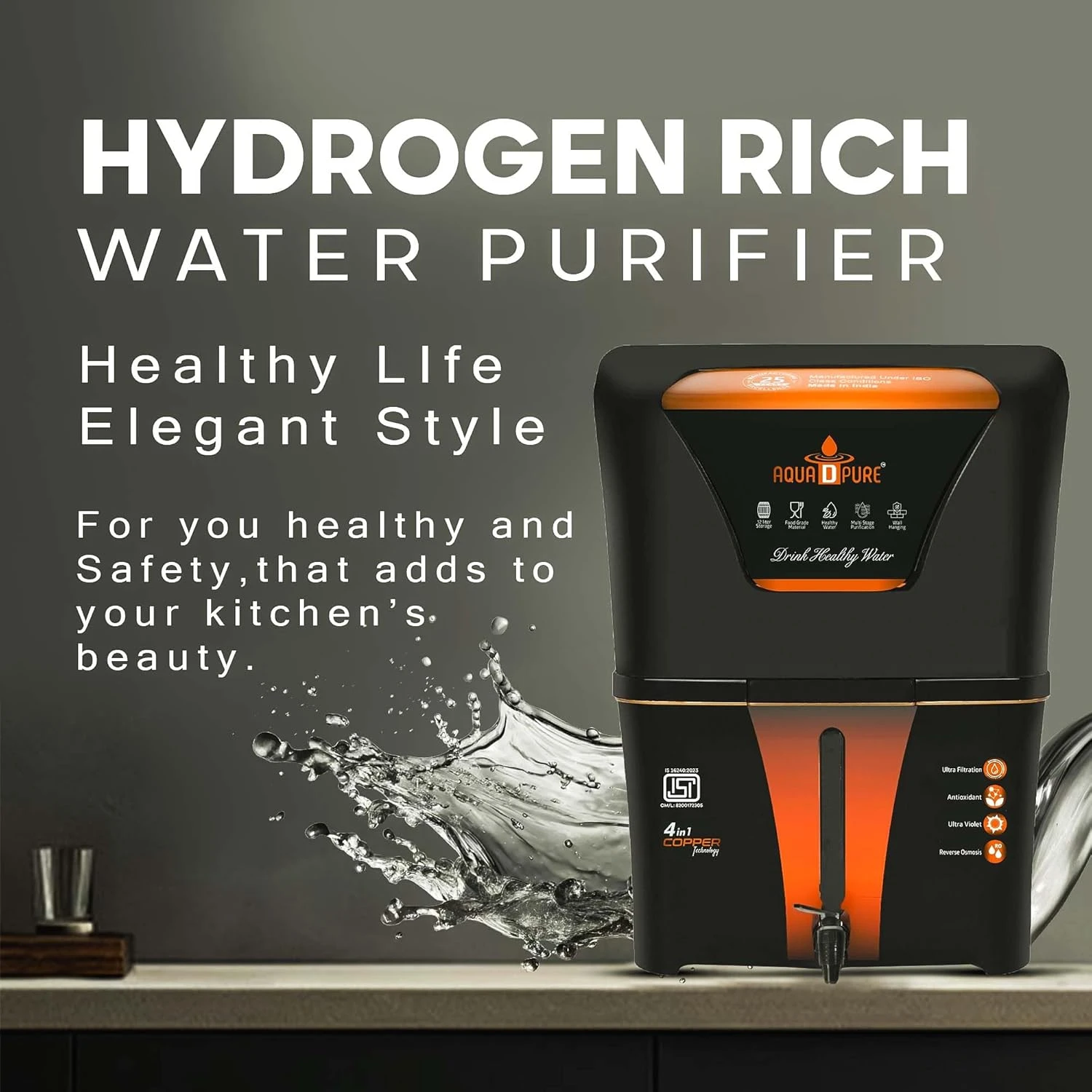 Promotional panel showing hydrogen-rich water purifier text beside the unit and splash graphic