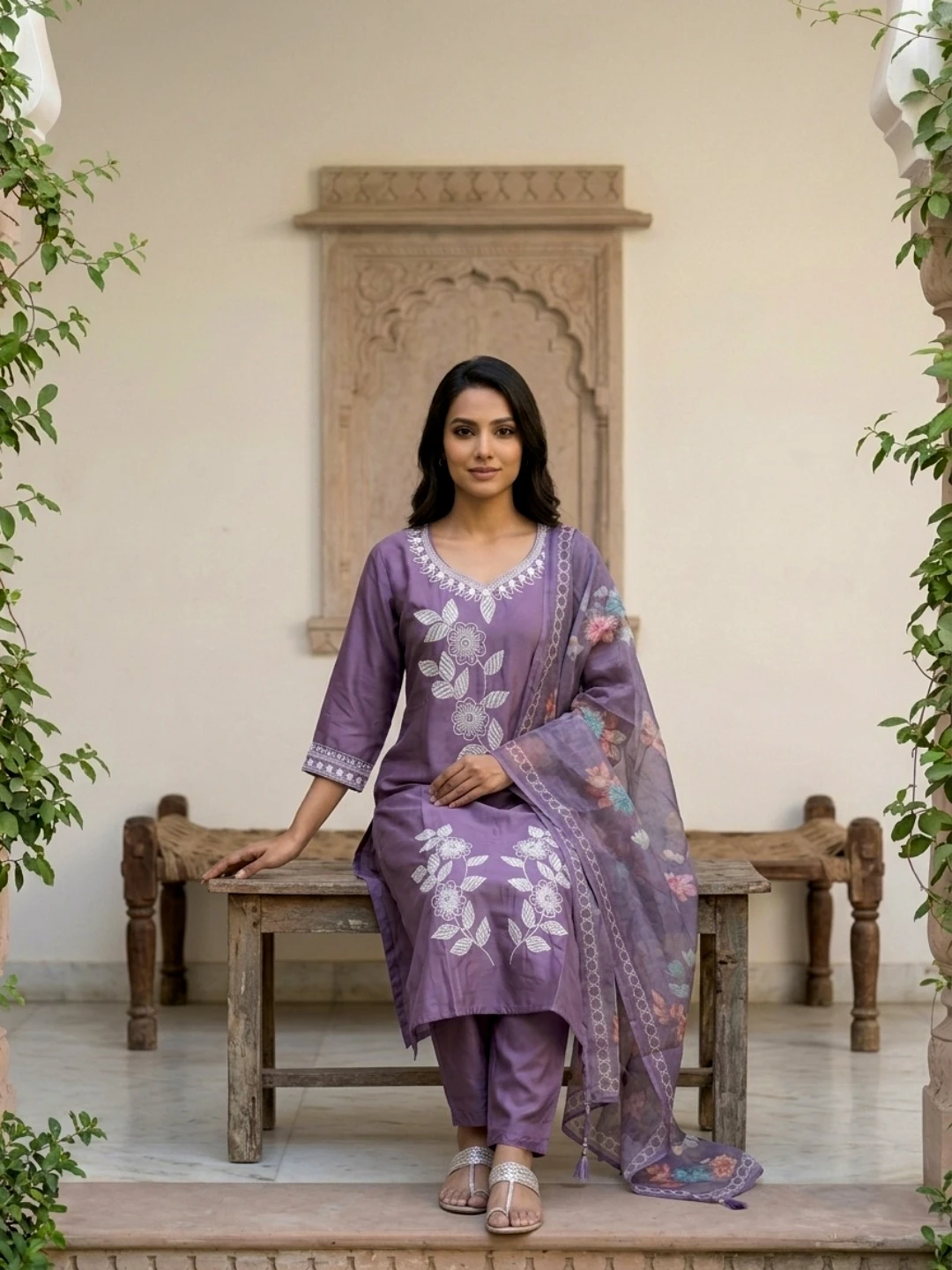 Women’s Embroidered Silk Kurta Set with Matching Pant and Dupatta