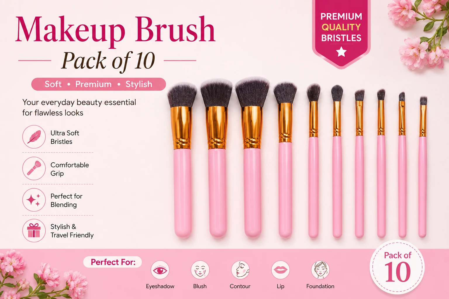 Professional 10-piece pink makeup brush set with ultra-soft bristles and ergonomic handles