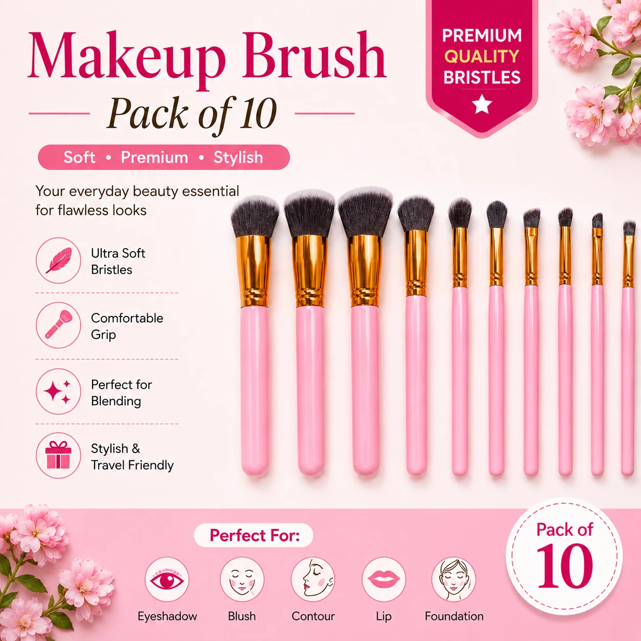 Professional 10-piece pink makeup brush set with ultra-soft bristles and ergonomic handles