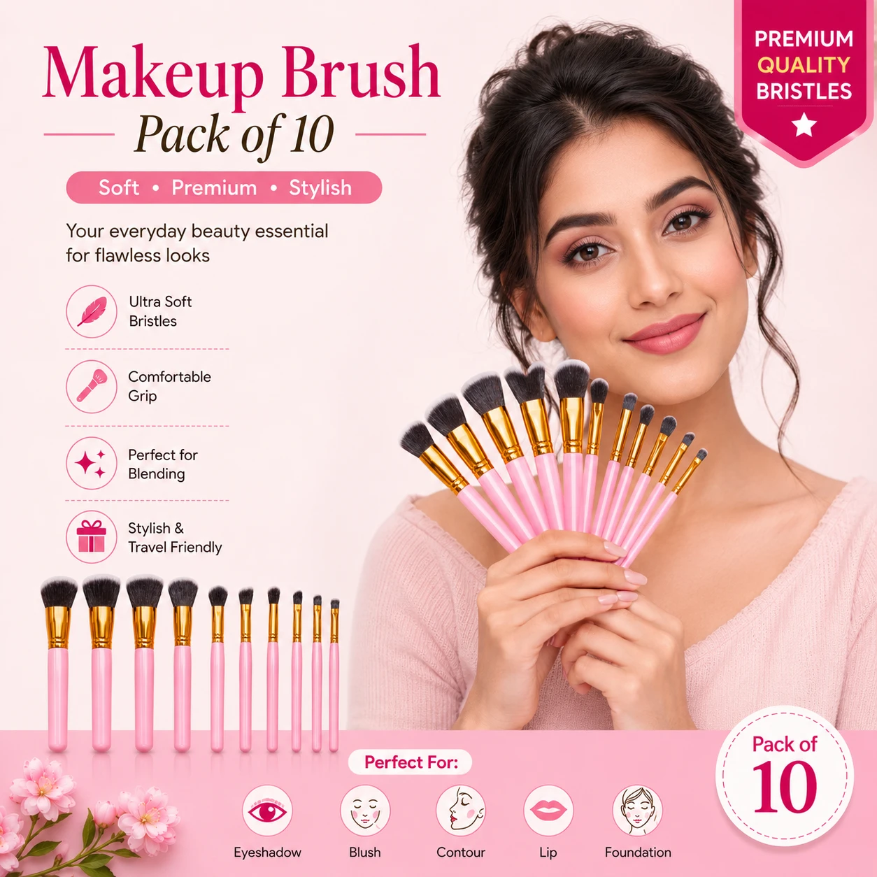 Professional 10-piece pink makeup brush set with ultra-soft bristles and ergonomic handles