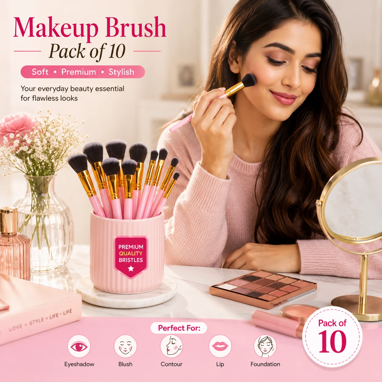 Professional 10-piece pink makeup brush set with ultra-soft bristles and ergonomic handles