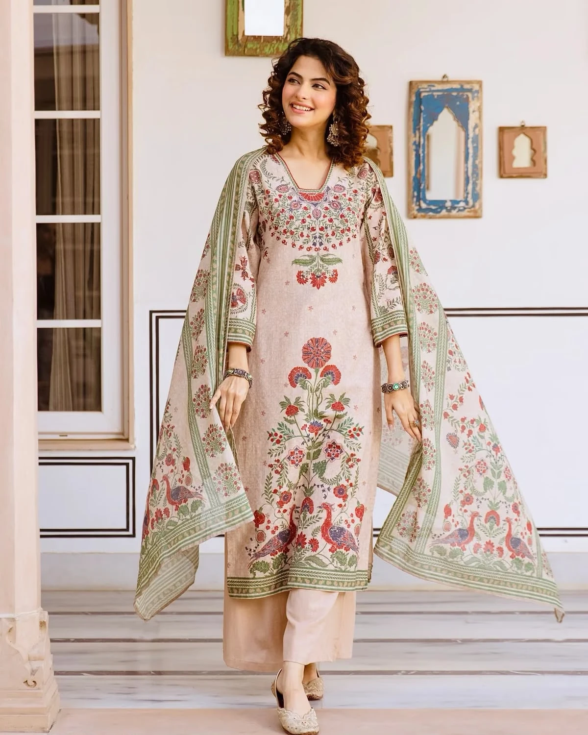 Elegant Beige Floral Printed Kurta Set with Green Dupatta | Vdcart.com