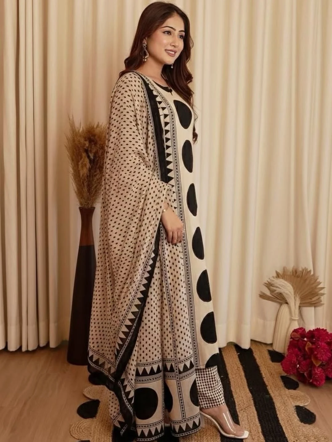 Beige and black printed kurta set for women with a matching geometric print dupatta, featuring bold circular patterns and elegant ethnic wear styling by Vdcart.com.