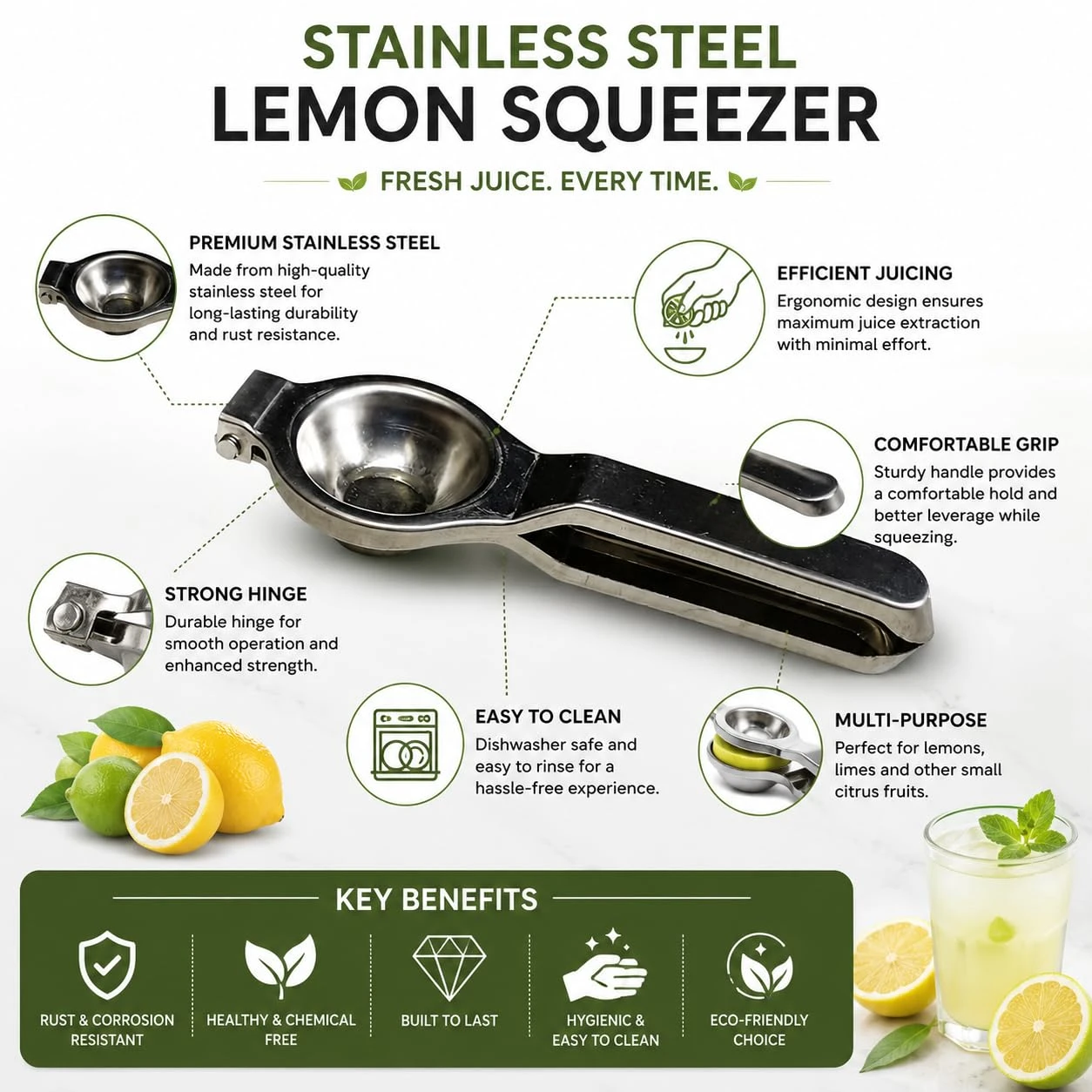 iINTELLIGENCEi Stainless Steel Lemon Squeezer, Hand Press, 20 cm, 2 Qty view 2