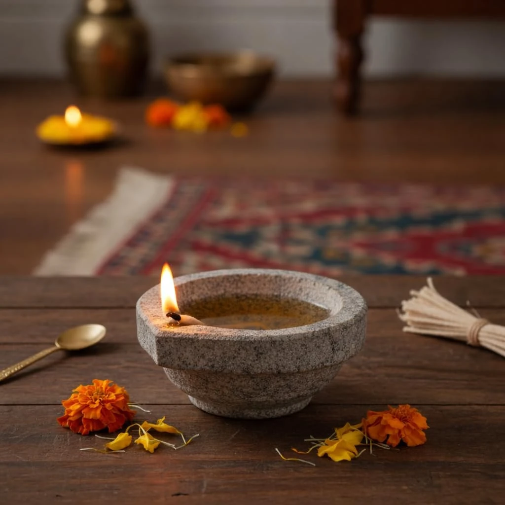 Stone Diya Oil Lamp, Large, 11.5x11x5 cm, 1 Qty view 7