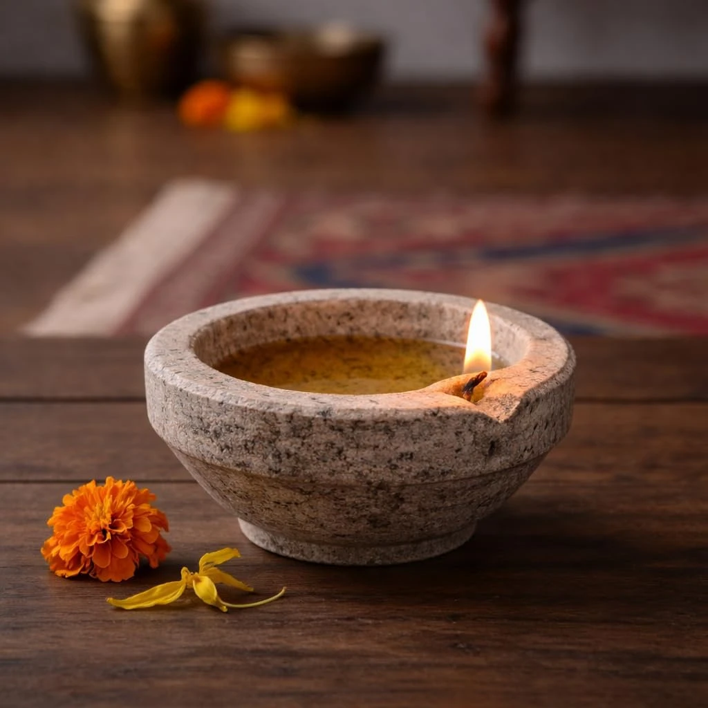 Stone Diya Oil Lamp, Large, 11.5x11x5 cm, 1 Qty view 8