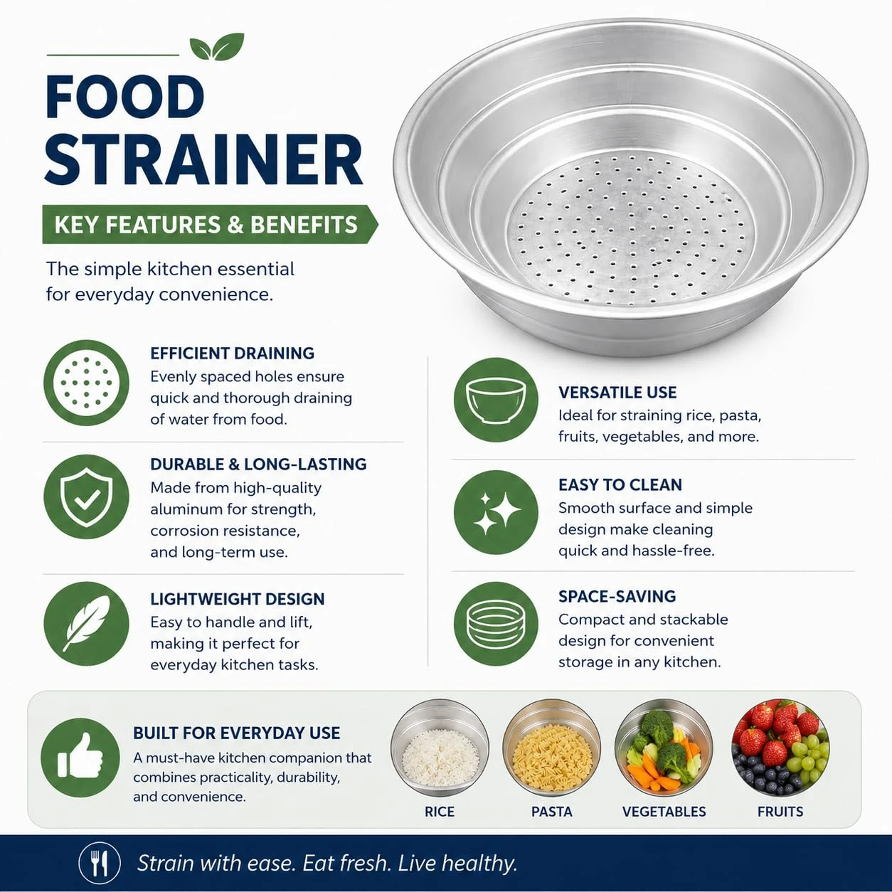 iINTELLIGENCEi Aluminium Strainer/Colander, 29x29x9.5 cm, 1 Qty view 2