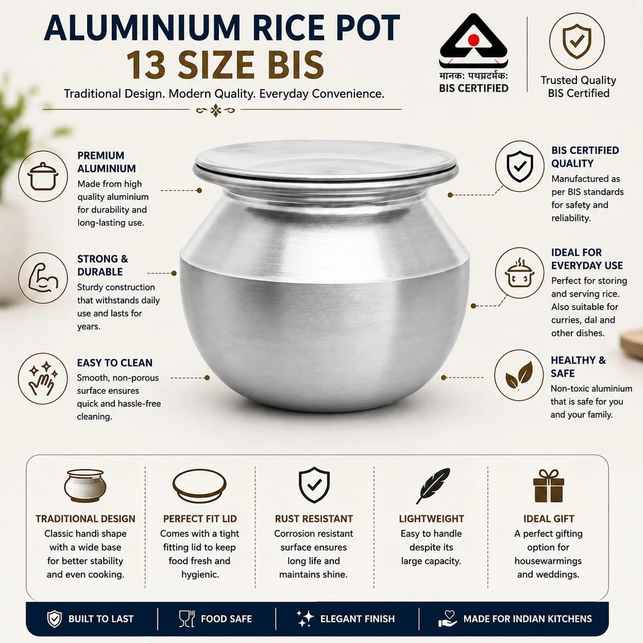 iINTELLIGENCEi Aluminium Rice Pot with Lid, Size 13, Cooking Pot, 1 Qty view 2