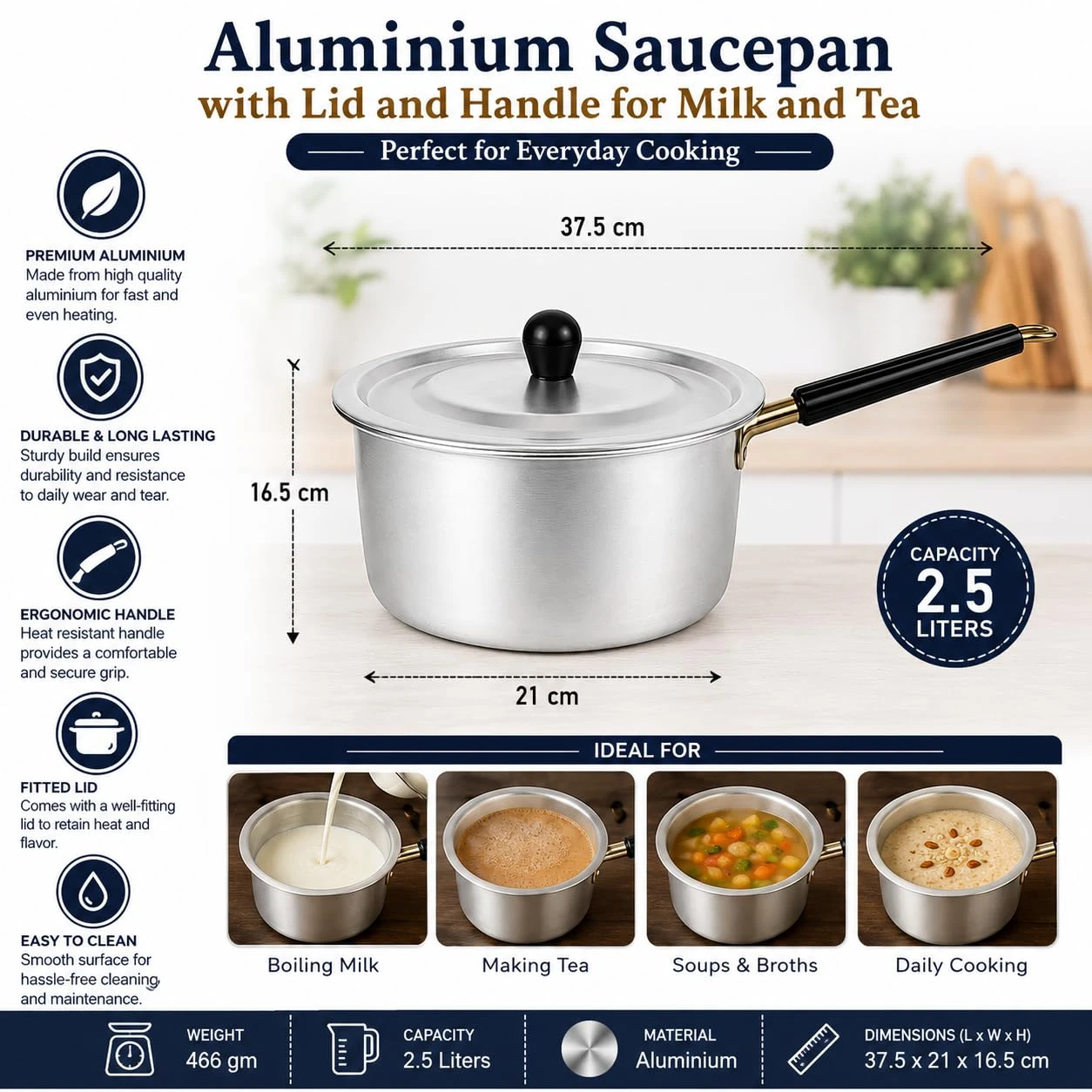 iINTELLIGENCEi Aluminium Saucepan, 2.5 L, 37.5x21x16.5 cm, 1 Qty view 2