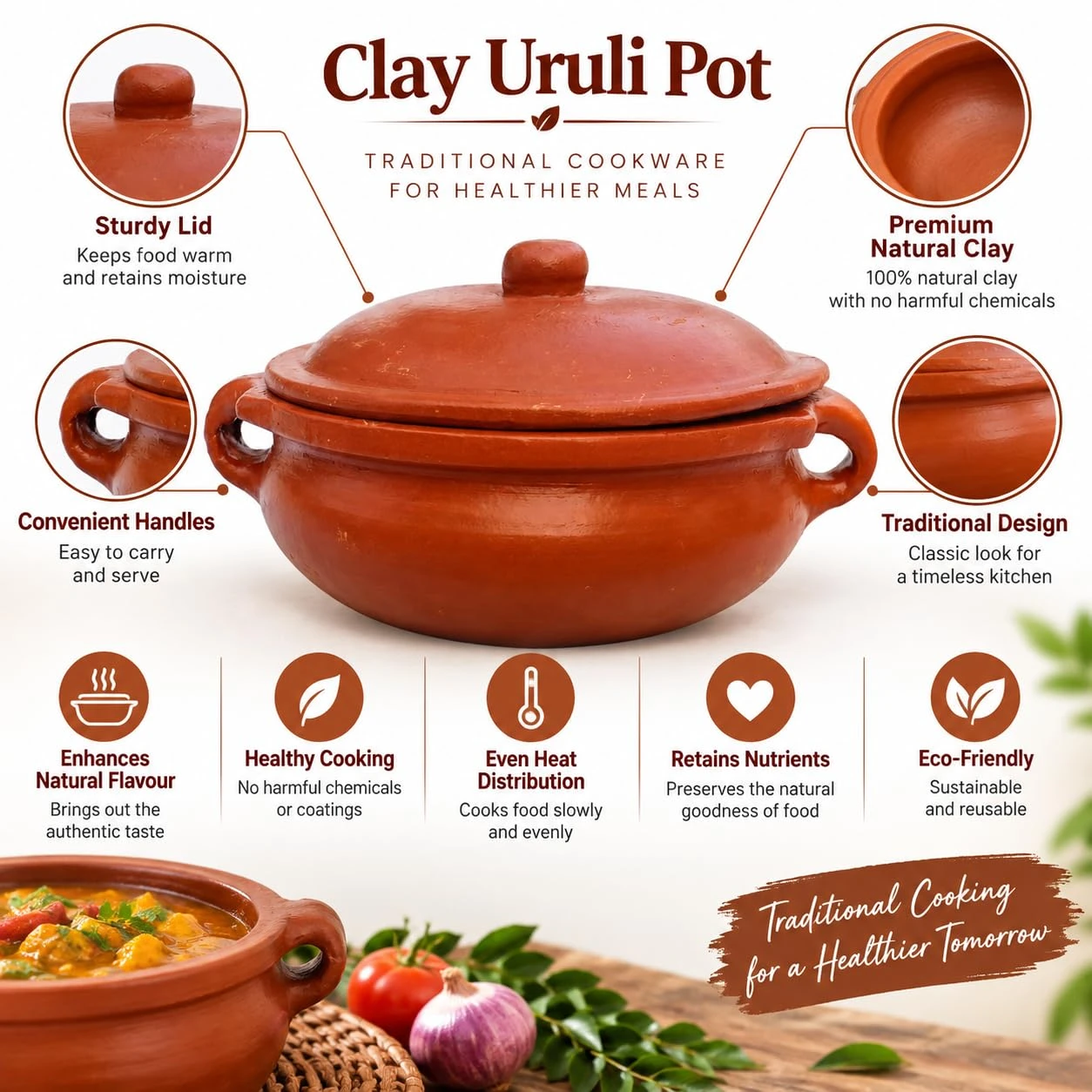 iINTELLIGENCEi Clay Uruli with Lid and Handles, 9 inch, 2.5 litres, 1 Qty view 2
