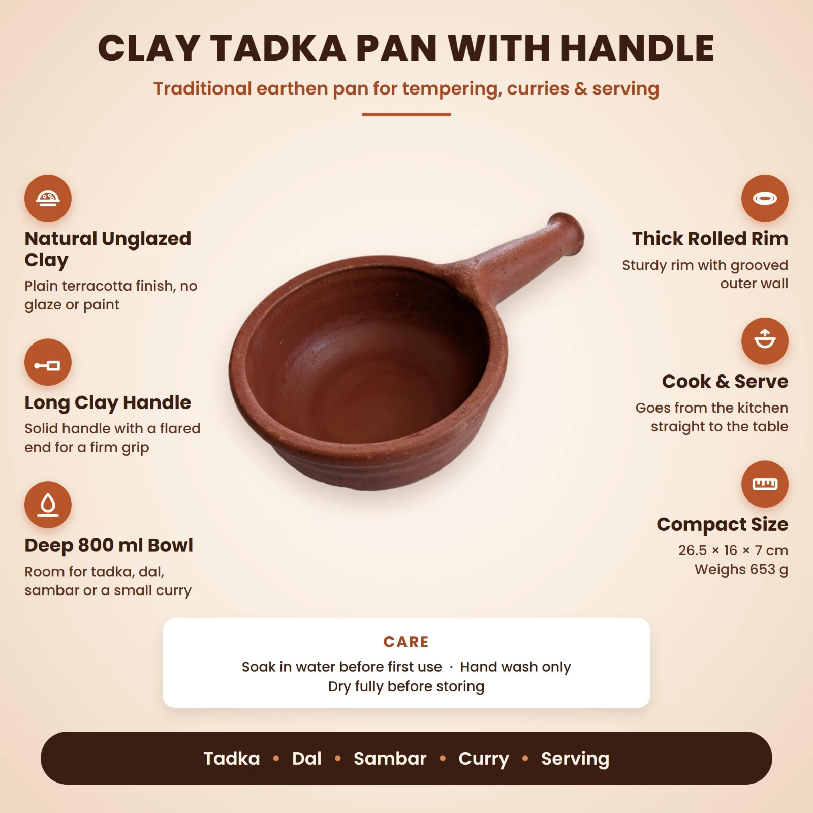 iINTELLIGENCEi Clay Tadka Pan with Handle, Mann Kadai, 800 ml, 1 Qty view 2
