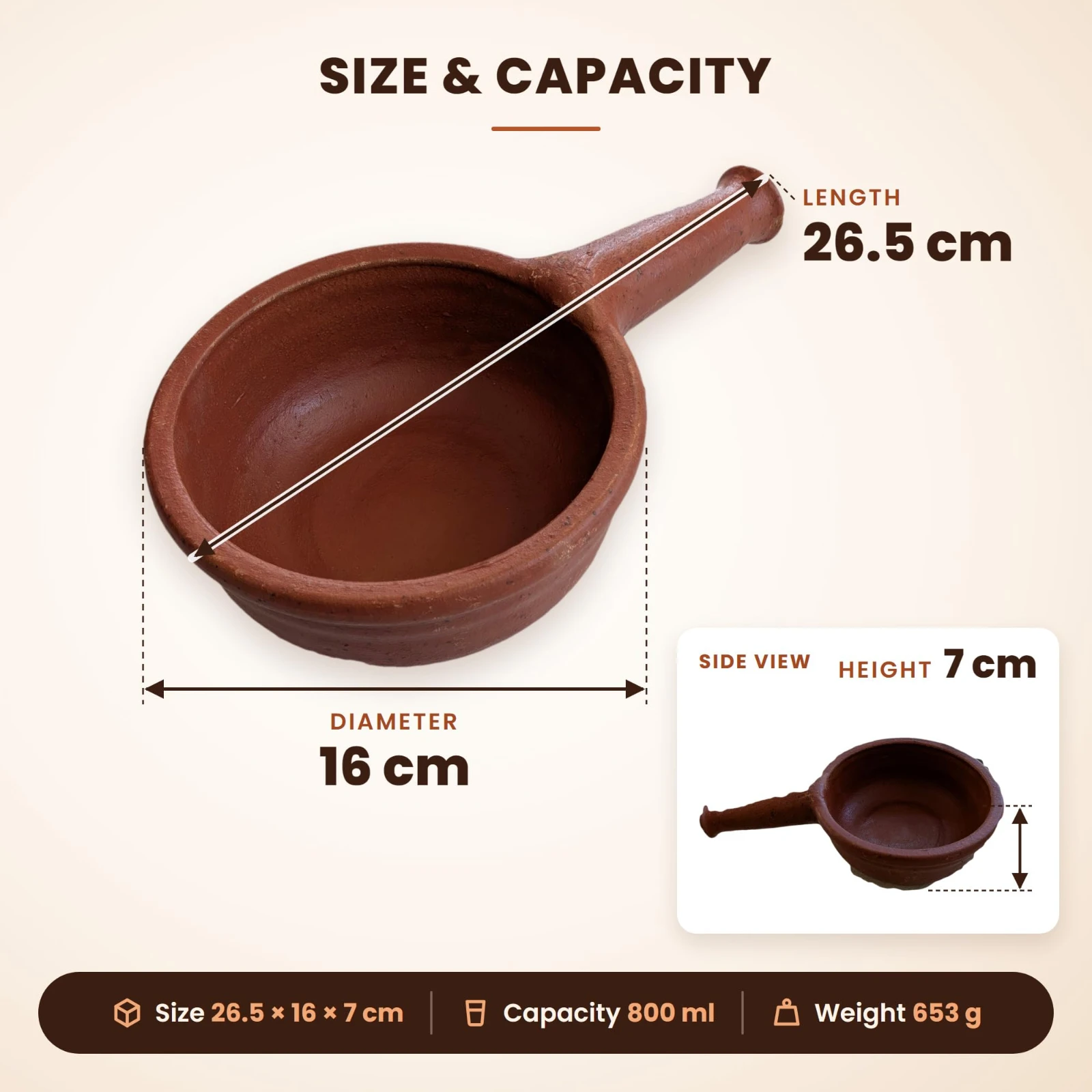 iINTELLIGENCEi Clay Tadka Pan with Handle, Mann Kadai, 800 ml, 1 Qty view 3