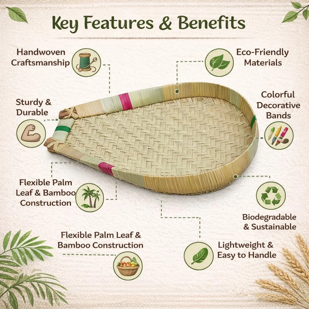 iINTELLIGENCEi Palm Leaf Sulavu Muram Winnowing Basket, 49x41 cm, 1 Qty view 2