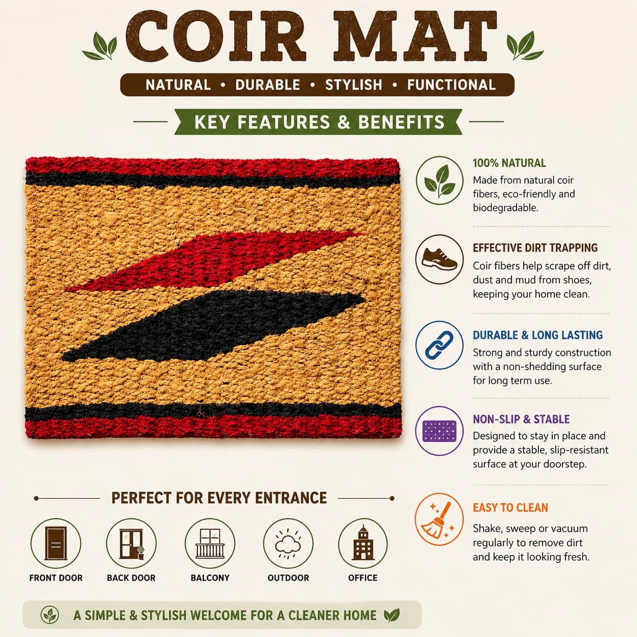 Coir Doormat, Natural Coconut Fibre, 62 x 36 cm, 1 Qty view 2