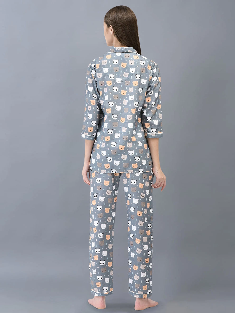 Back view of the grey sleepwear set showing all-over bear face print and straight-leg pajama pants