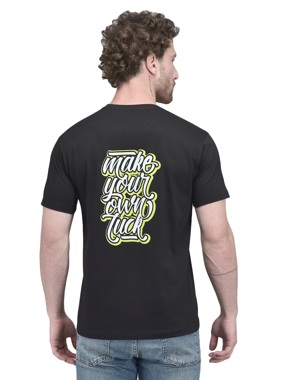 Back view showing large 'make your own luck' graphic print on the black T-shirt