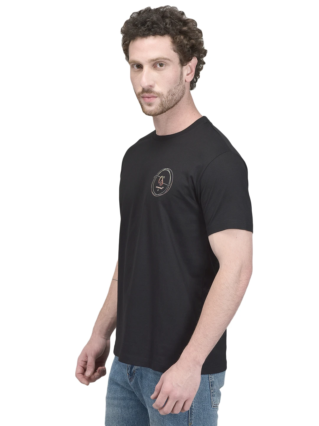 Side angle of the black short-sleeve tee highlighting the chest logo and regular fit