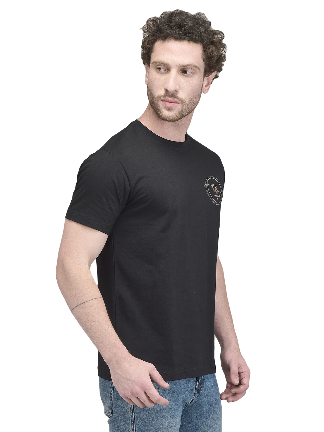 Three-quarter front view of plain black T-shirt with round neck and small chest emblem