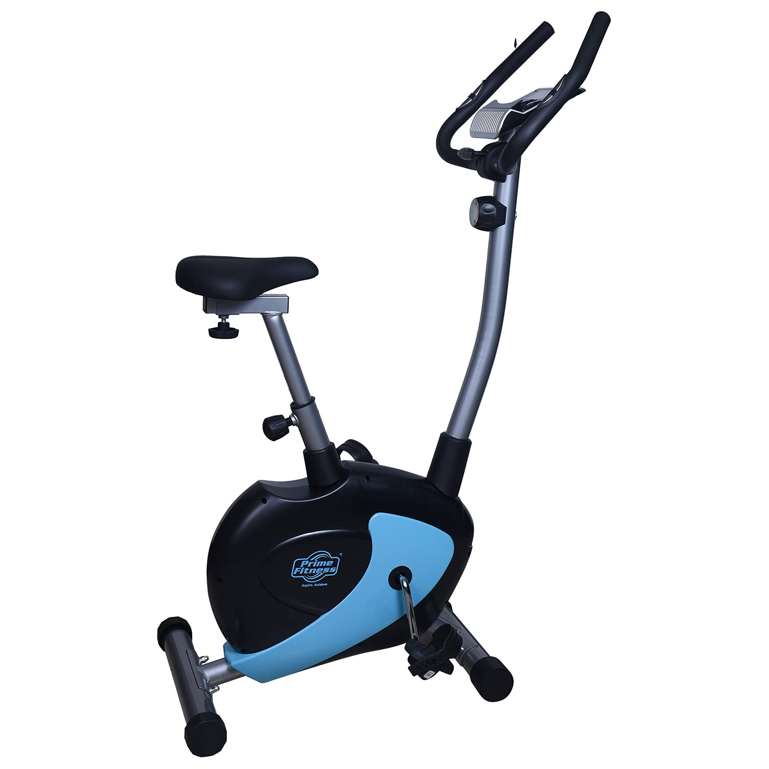 Angled side view of black and blue exercise bike with padded seat, curved handlebars, and front display