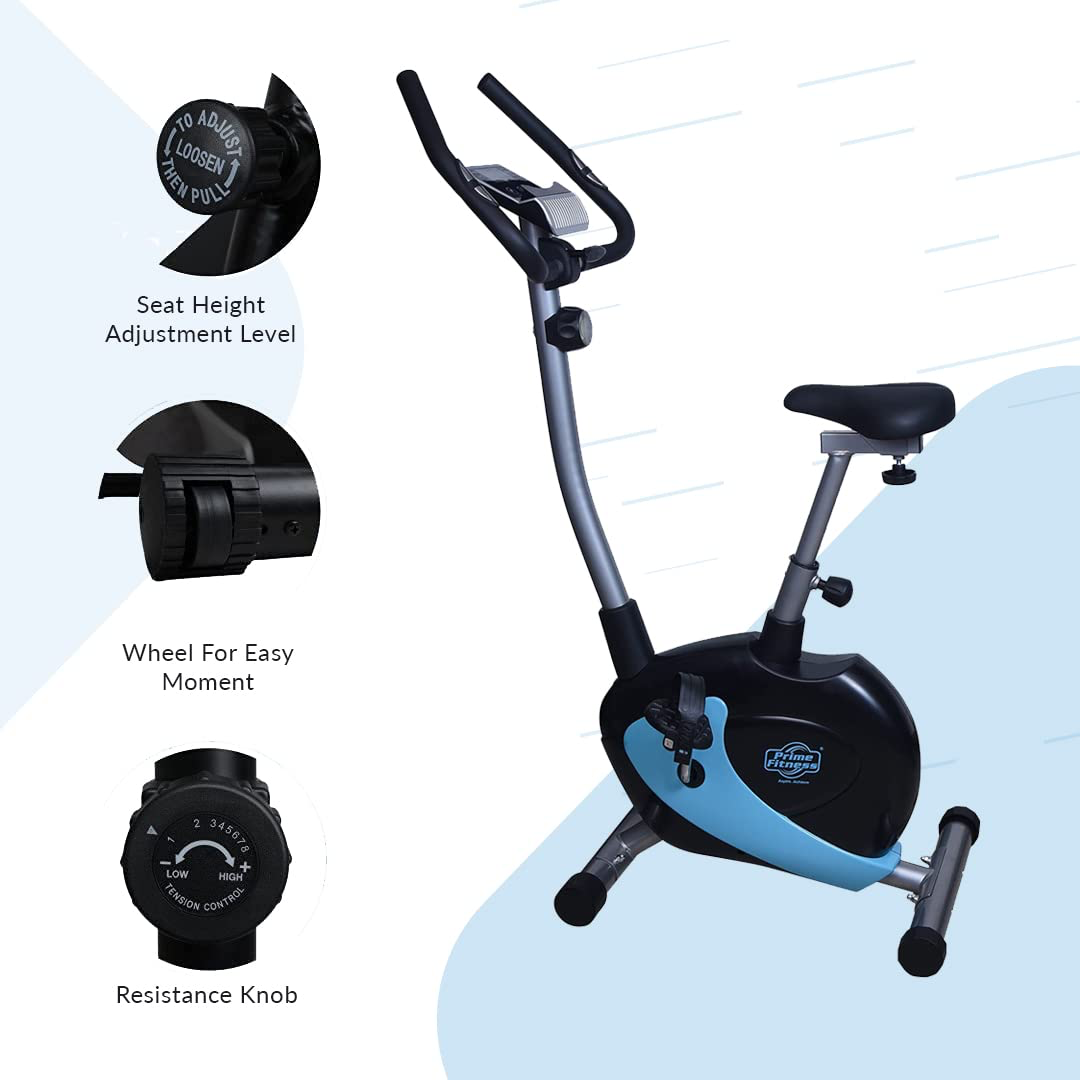 Feature graphic showing seat adjustment knob, transport wheel, and 8-level resistance control close-ups